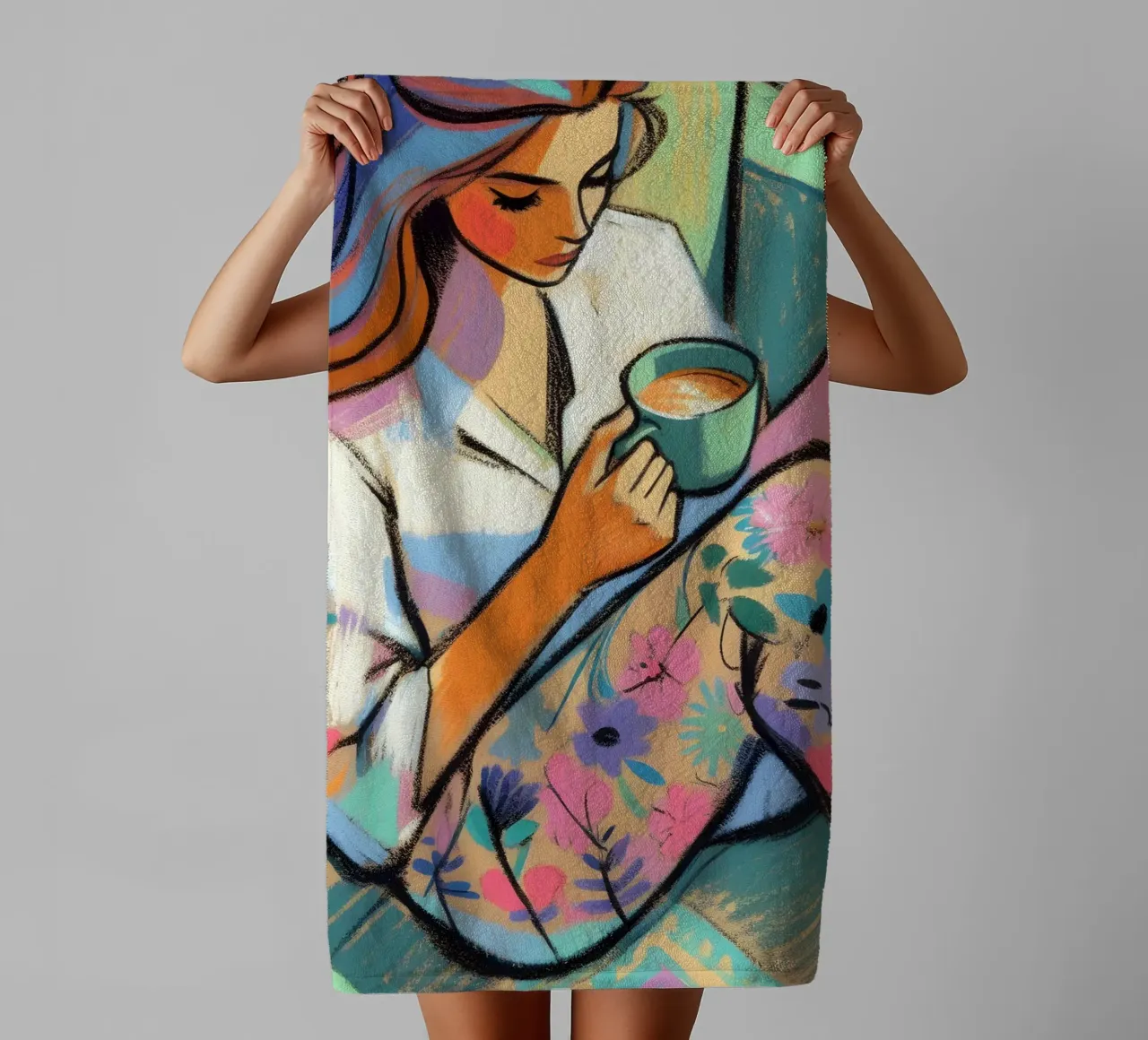 DONNA CALMA E RILASSATA CON IL CAFFÈ asciugamano da bagno da ARTOMATIC
