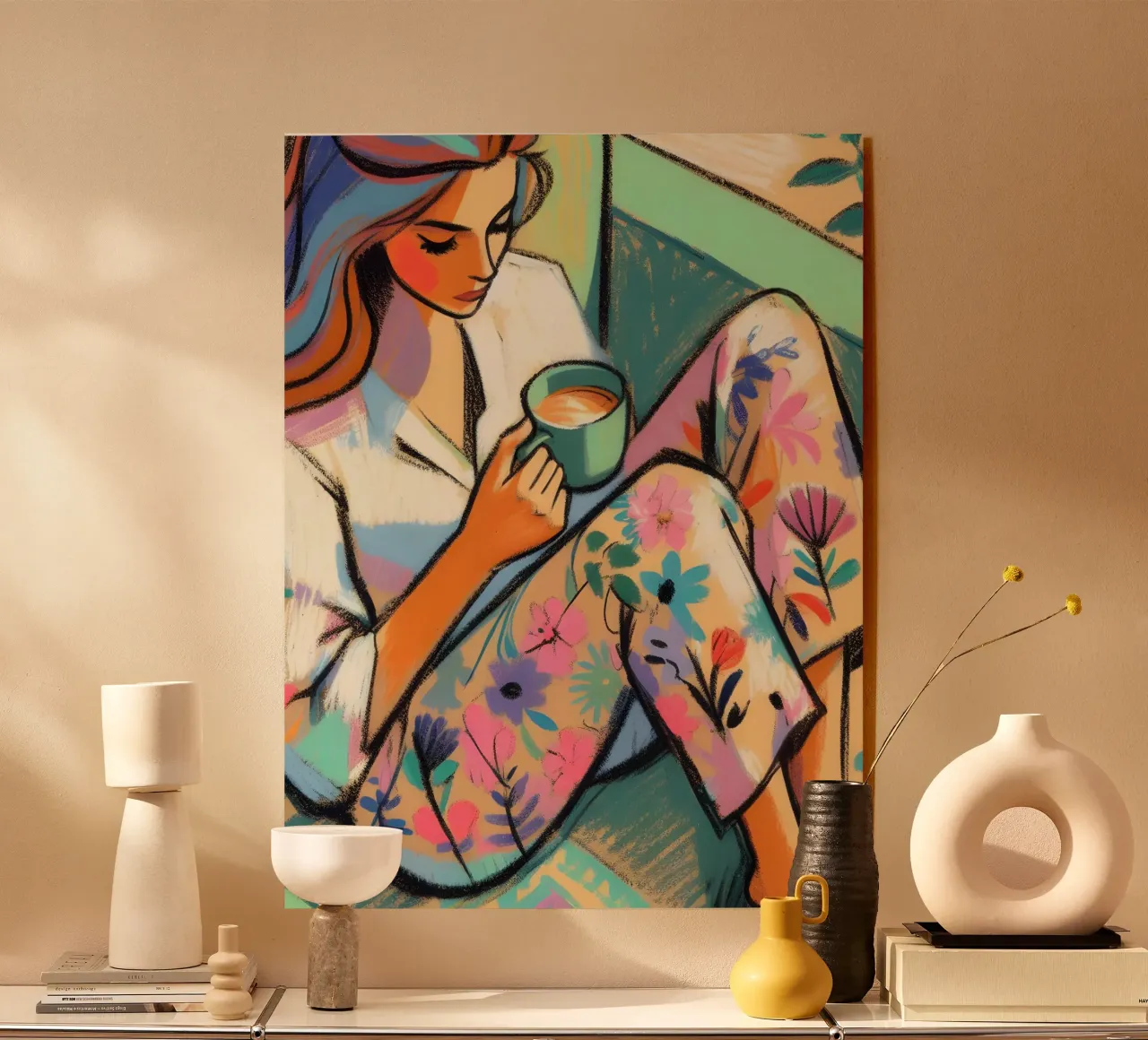 DONNA CALMA E RILASSATA CON IL CAFFÈ plexiglass da ARTOMATIC