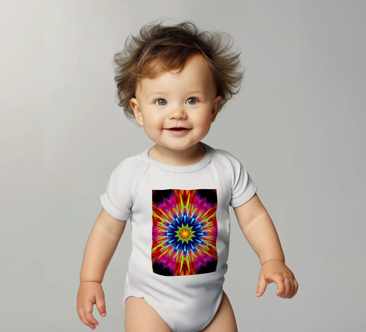 Vibrant abstract design with radial explosion of colors short-sleeve baby romper by DesignDoodle