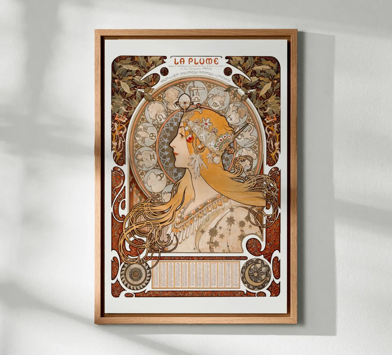 Alfons Mucha - Zodiak oder Die Feder Leinwand mit Schattenfugenrahmen von Old Masters