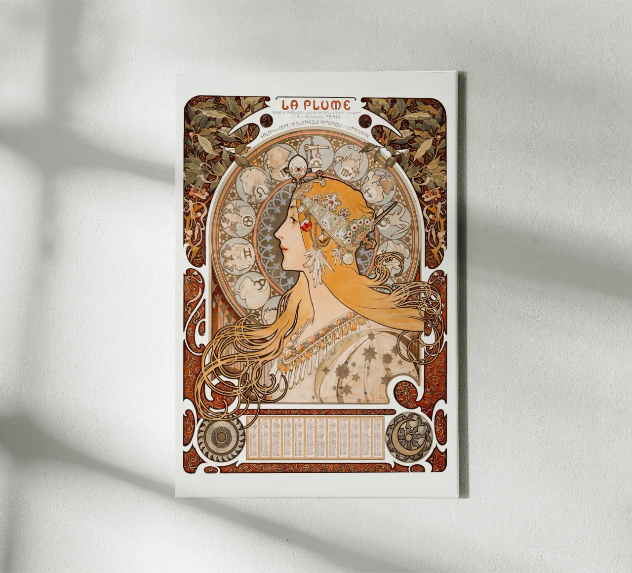 Alfons Mucha - Zodiak oder Die Feder Leinwand mit Schattenfugenrahmen von Old Masters