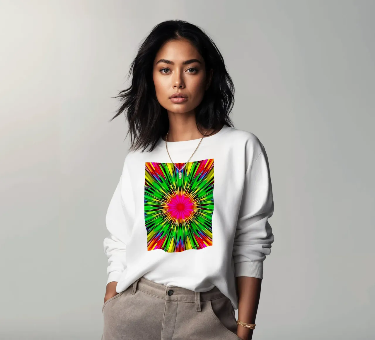 Vibrant abstract design with colorful radial burst pattern sweatshirt by DesignDoodle