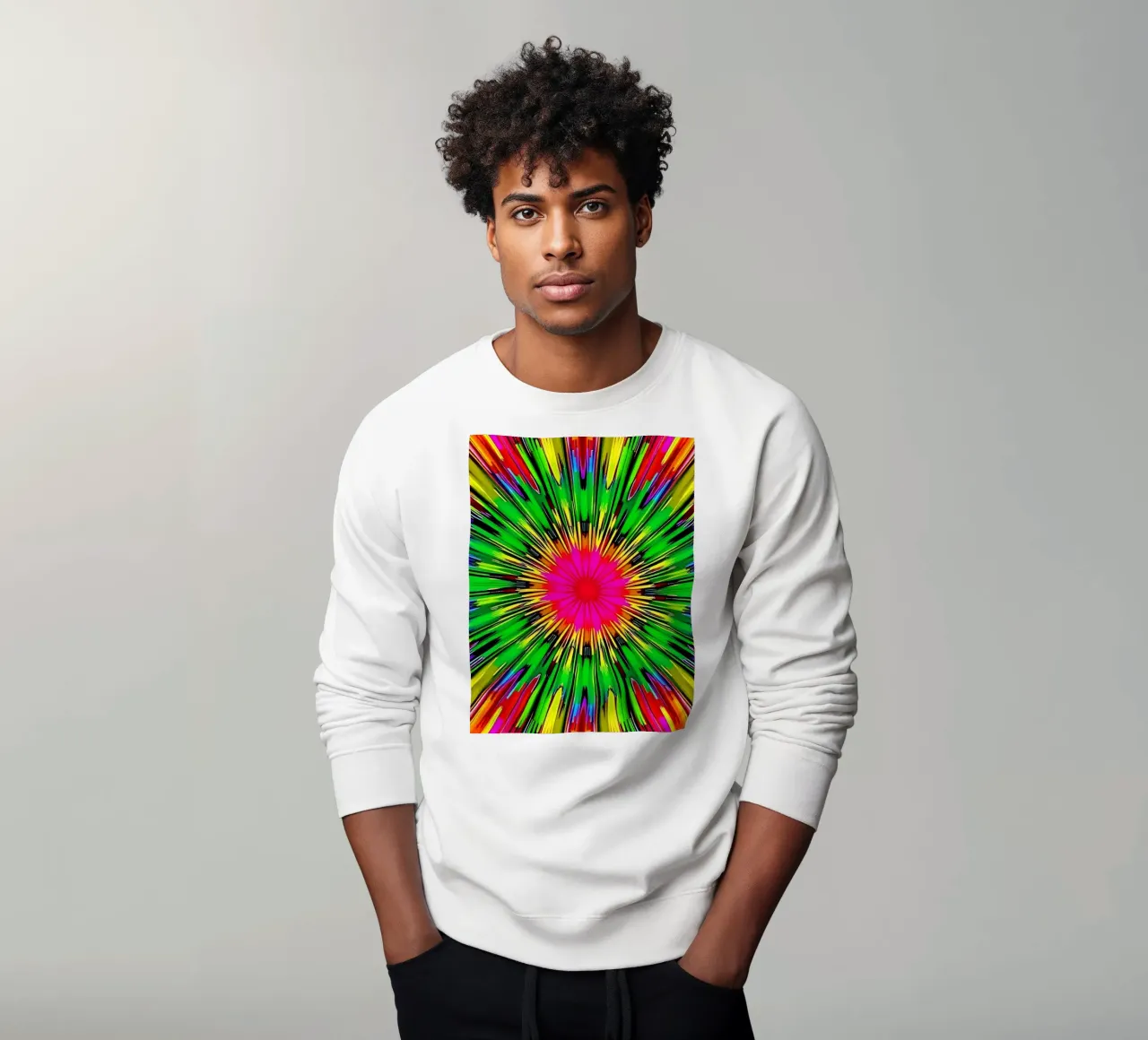 Vibrant abstract design with colorful radial burst pattern sweatshirt by DesignDoodle