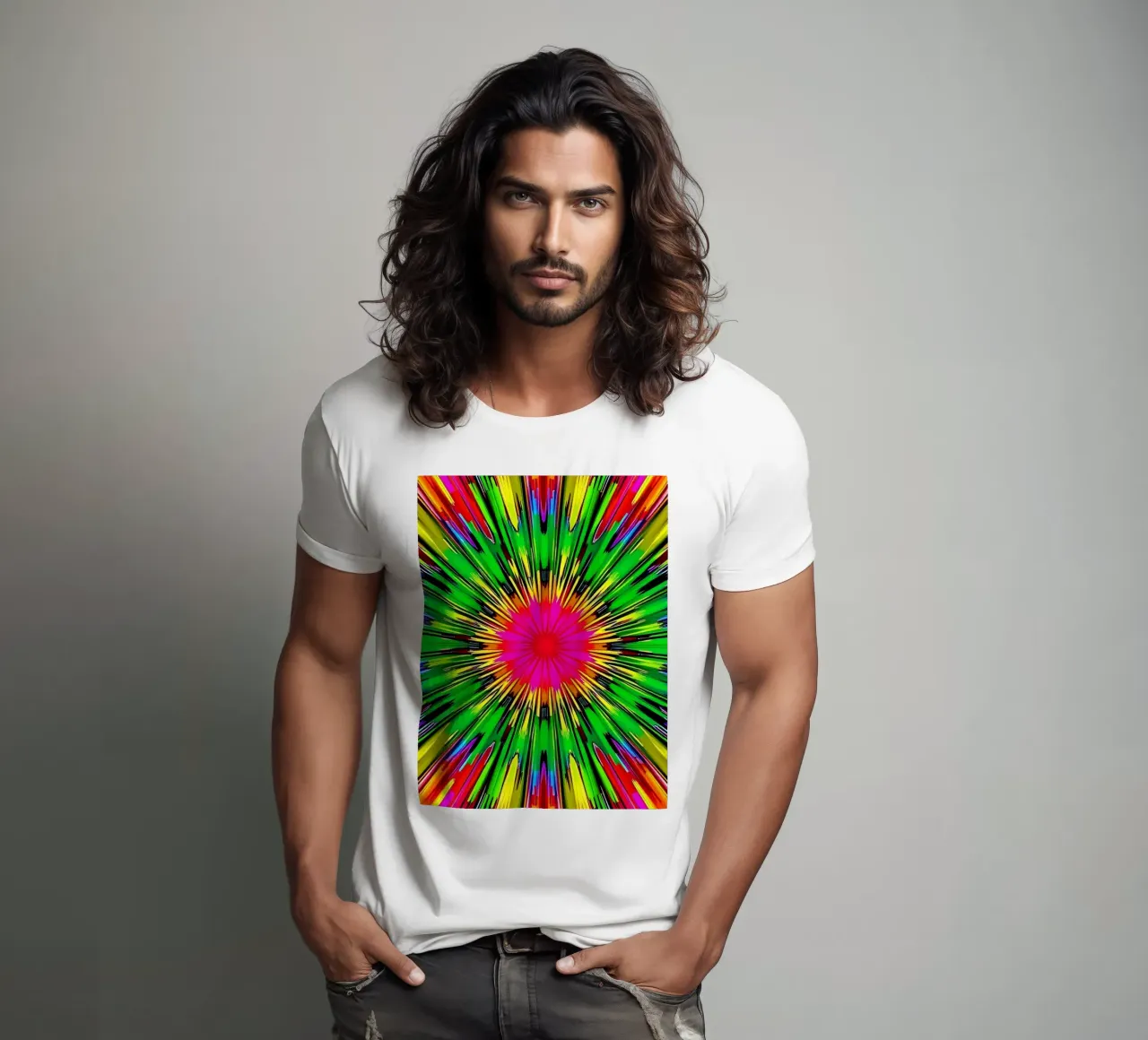 Vibrant abstract design with colorful radial burst pattern t-shirt by DesignDoodle
