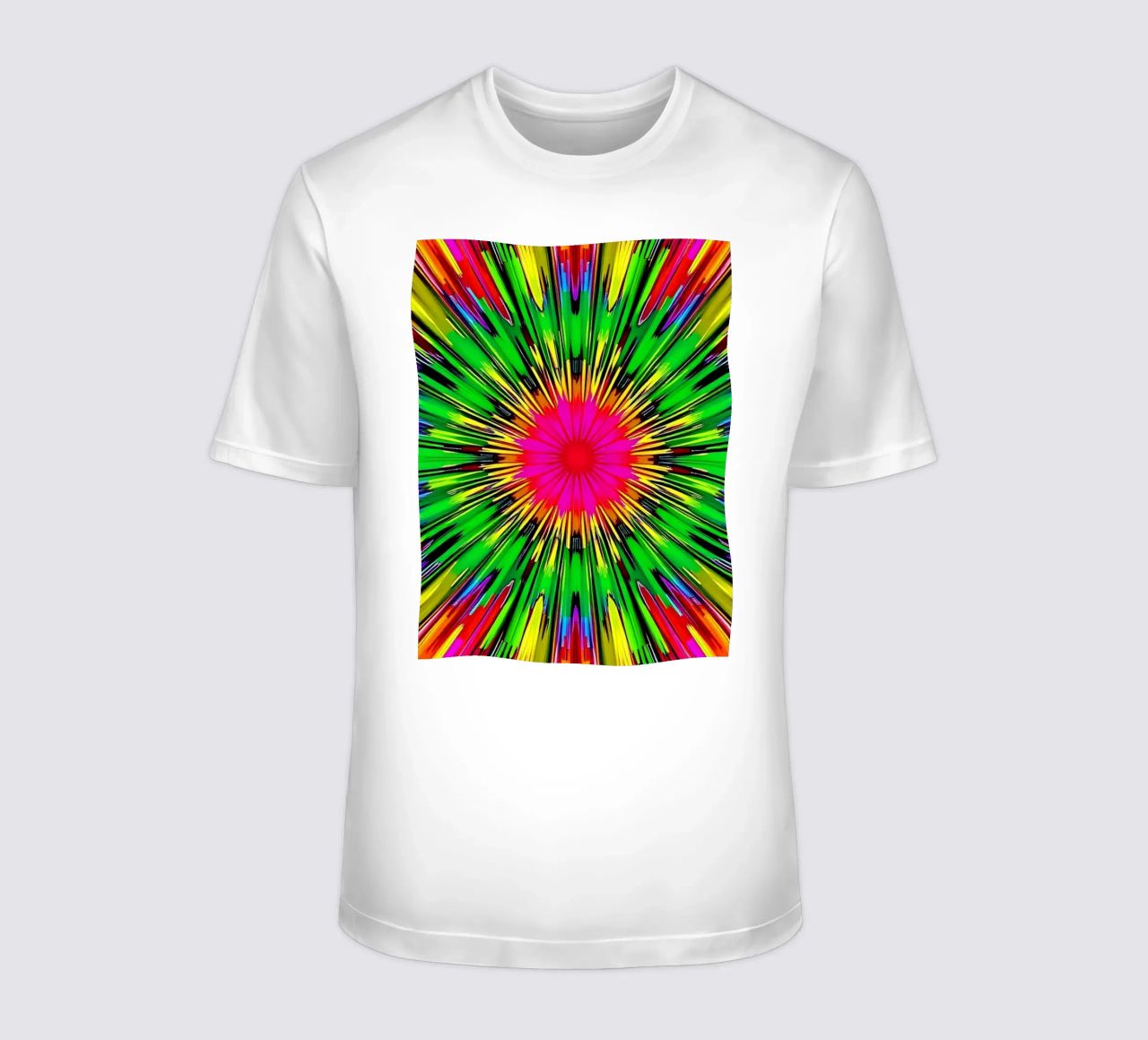 Vibrant abstract design with colorful radial burst pattern t-shirt by DesignDoodle