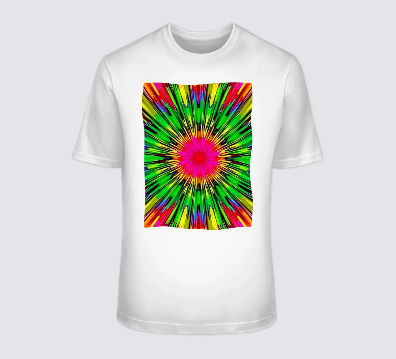 Vibrant abstract design with colorful radial burst pattern t-shirt by DesignDoodle