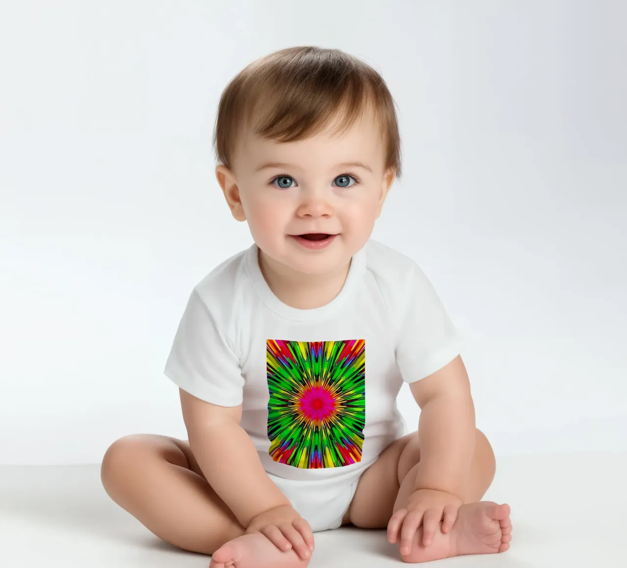 Vibrant abstract design with colorful radial burst pattern short-sleeve baby romper by DesignDoodle