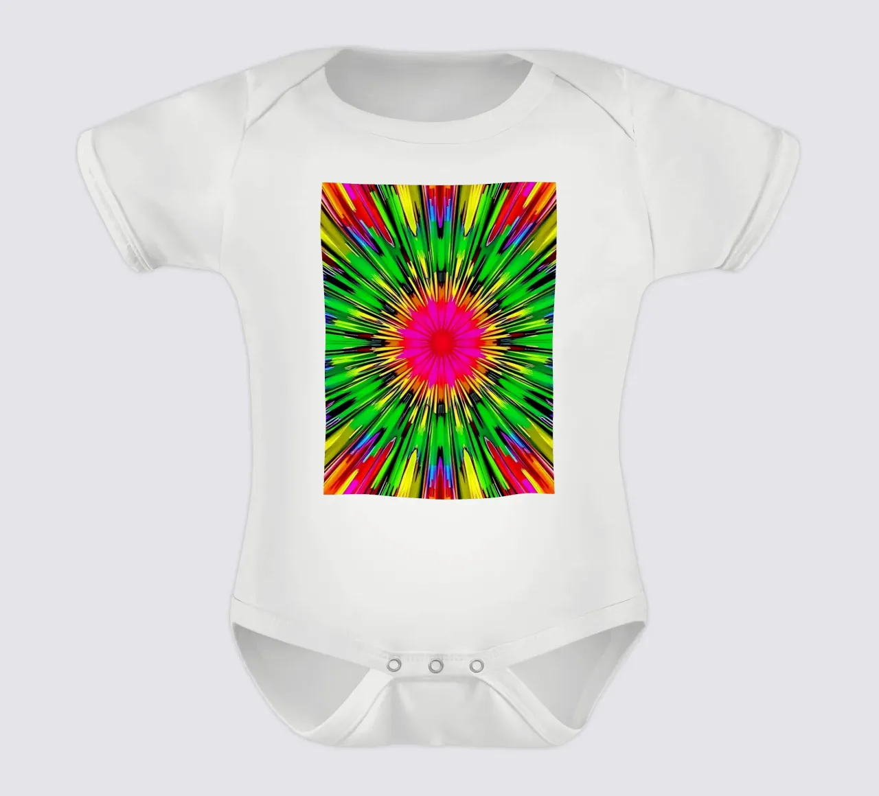 Vibrant abstract design with colorful radial burst pattern short-sleeve baby romper by DesignDoodle