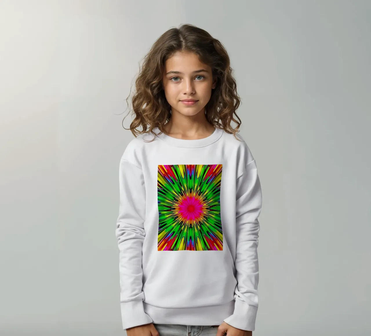 Vibrant abstract design with colorful radial burst pattern kids sweatshirt by DesignDoodle