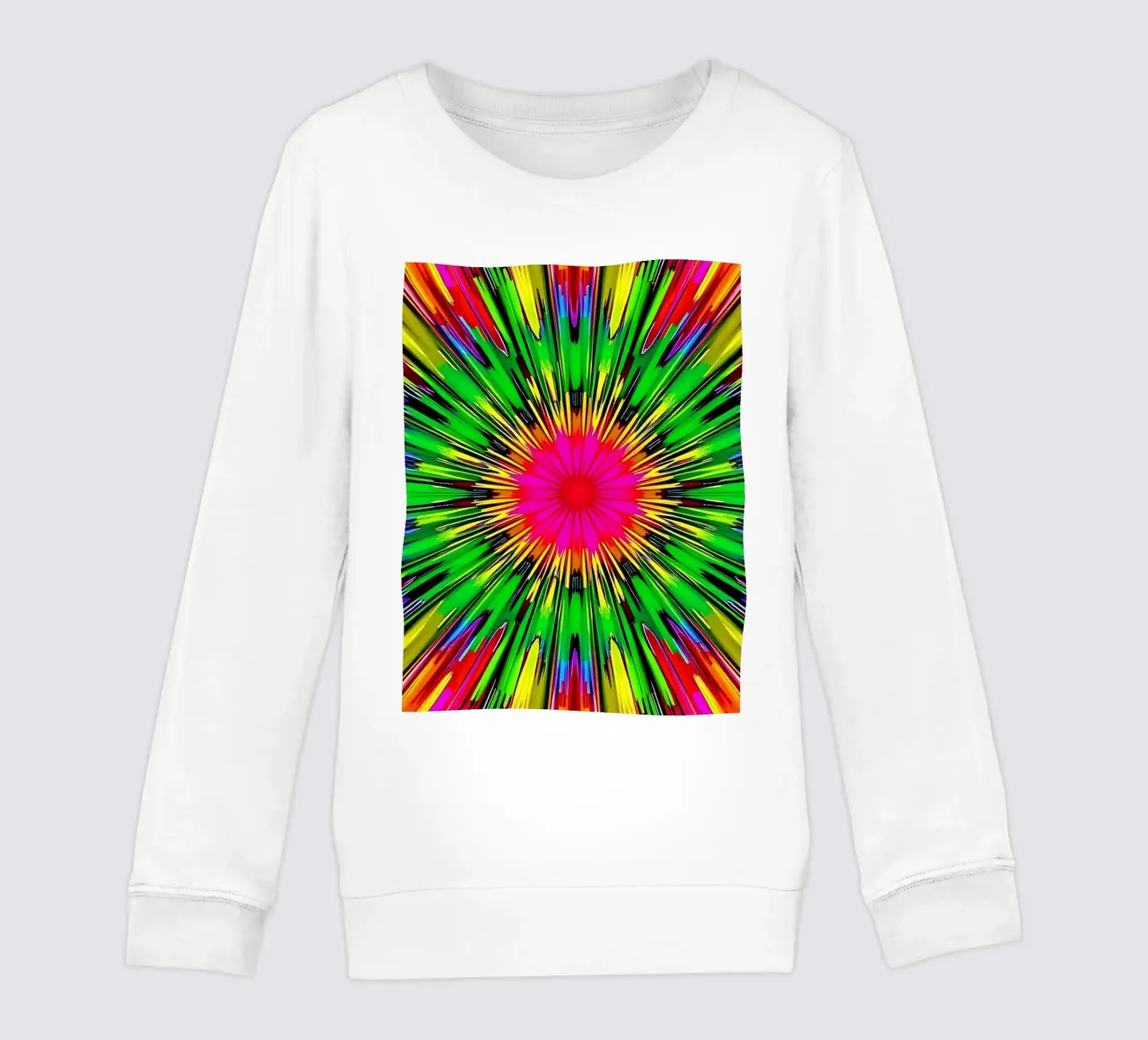 Vibrant abstract design with colorful radial burst pattern kids sweatshirt by DesignDoodle
