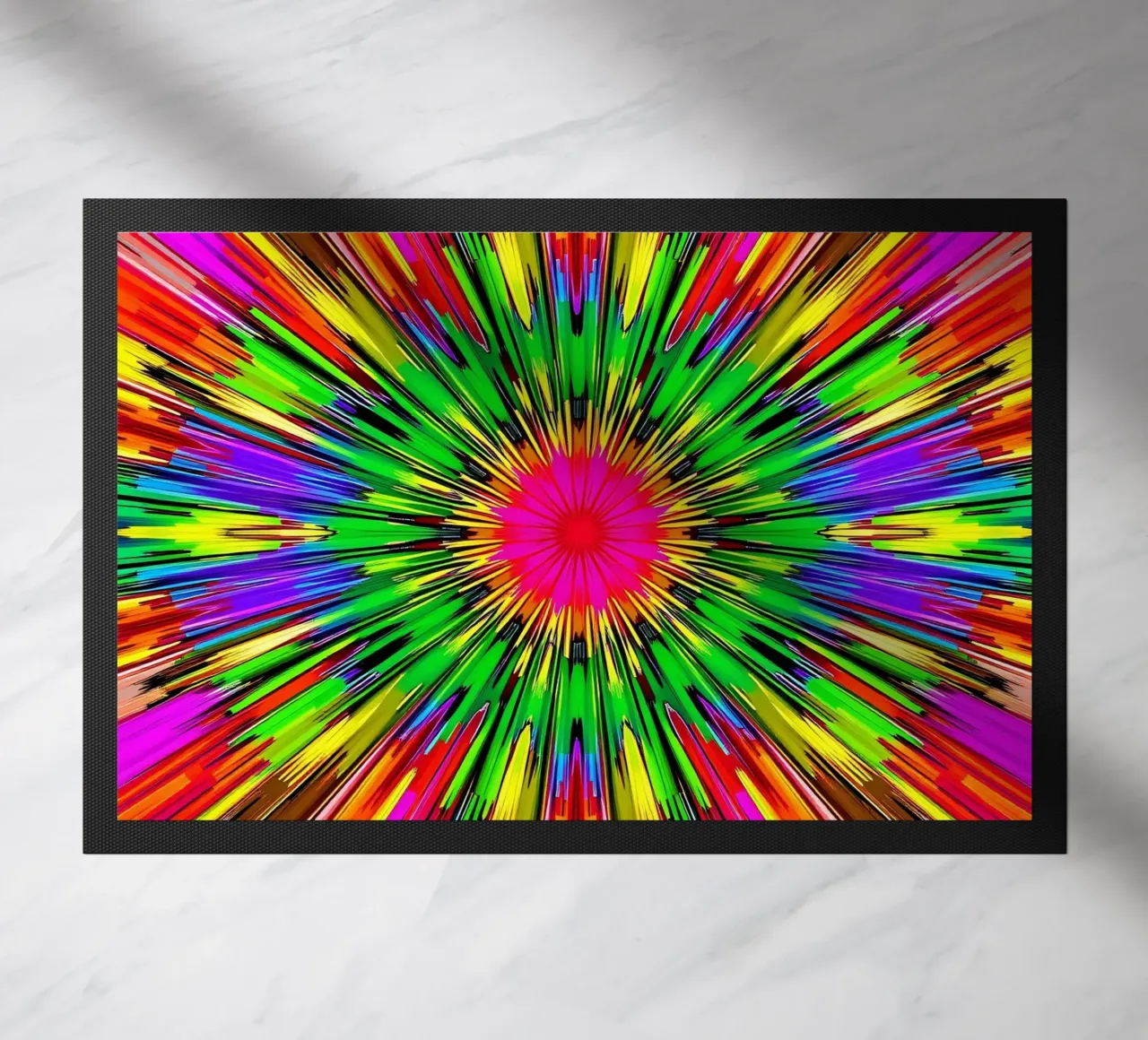 Vibrant abstract design with colorful radial burst pattern doormat by DesignDoodle