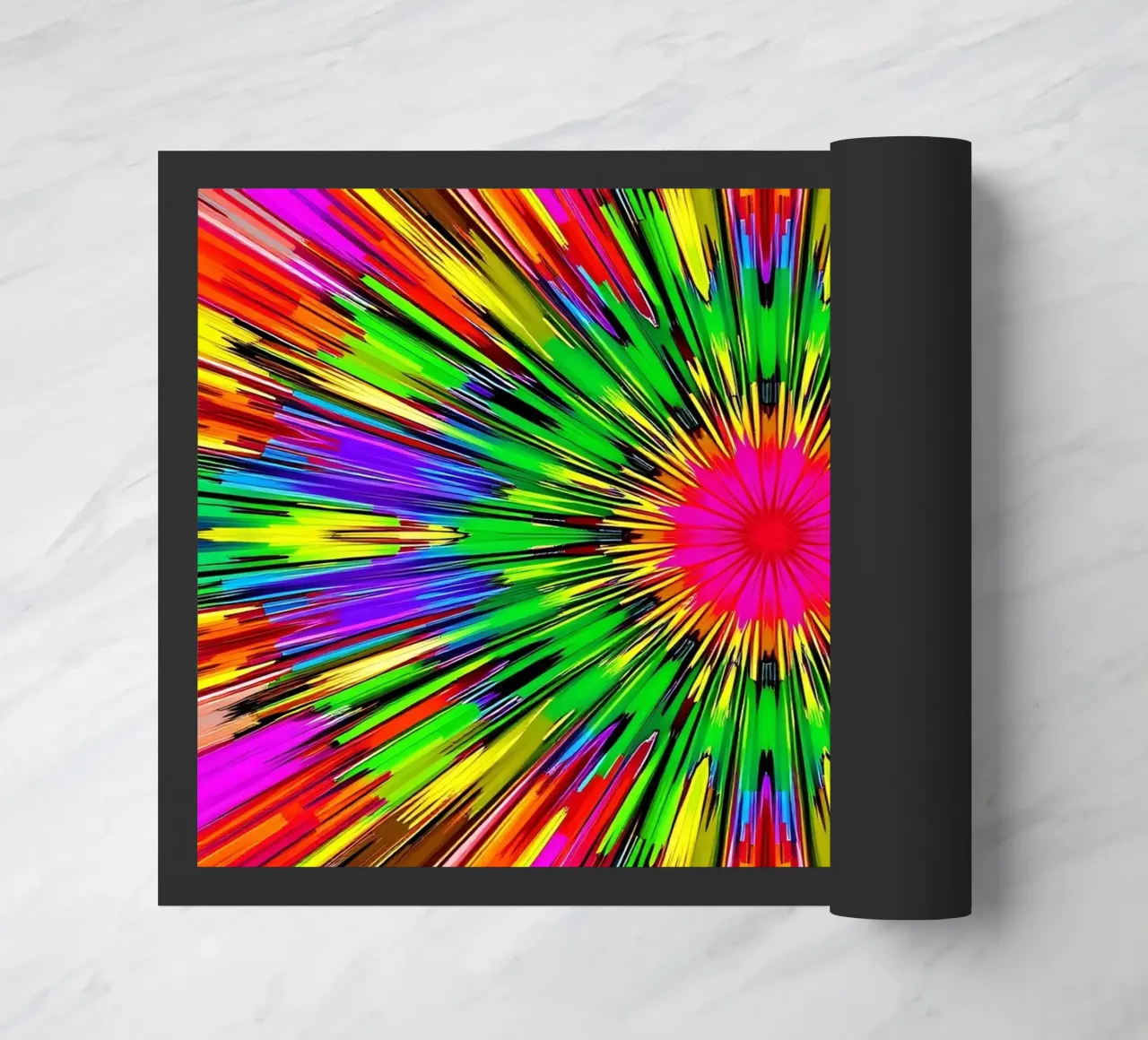 Dessin abstrait vibrant avec un motif radial éclatant de couleurs paillasson de DesignDoodle