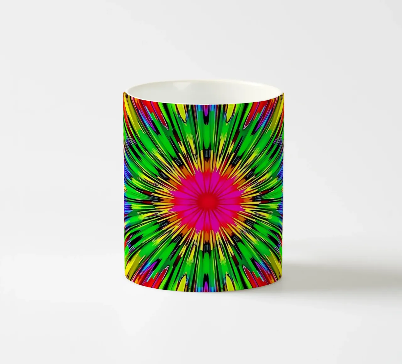 Vibrant abstract design with colorful radial burst pattern ceramic mug by DesignDoodle