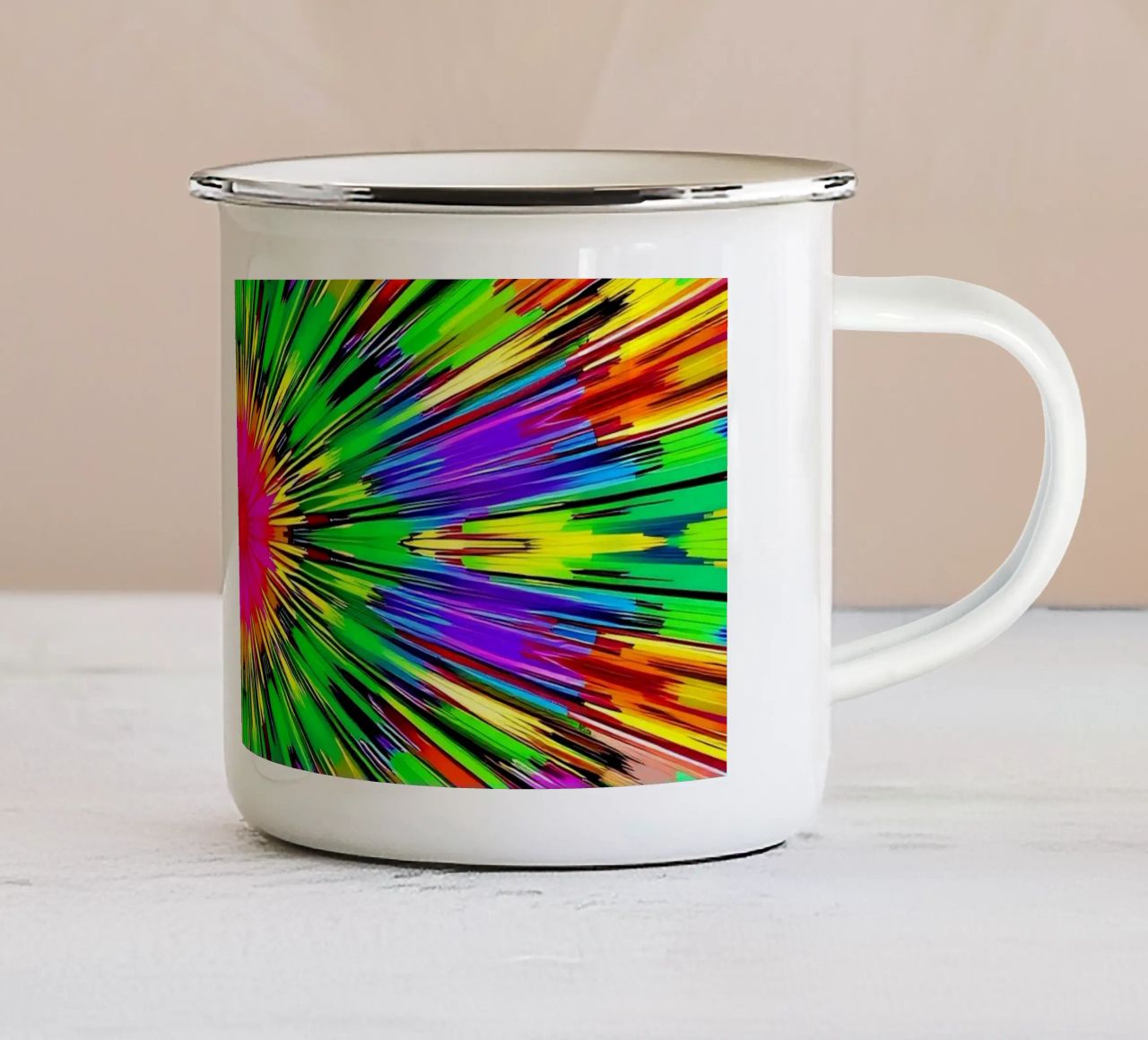 Vibrant abstract design with colorful radial burst pattern enamel mug by DesignDoodle