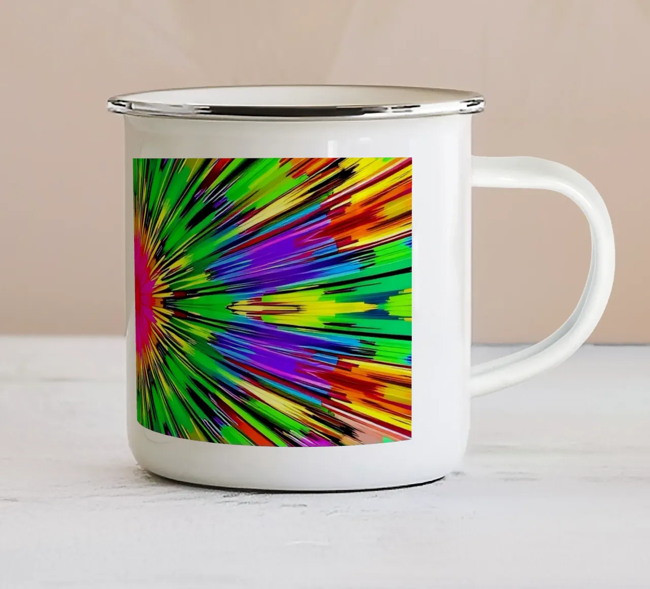 Vibrante design astratto con motivo a scoppio radiale colorato tazza in smalto da DesignDoodle