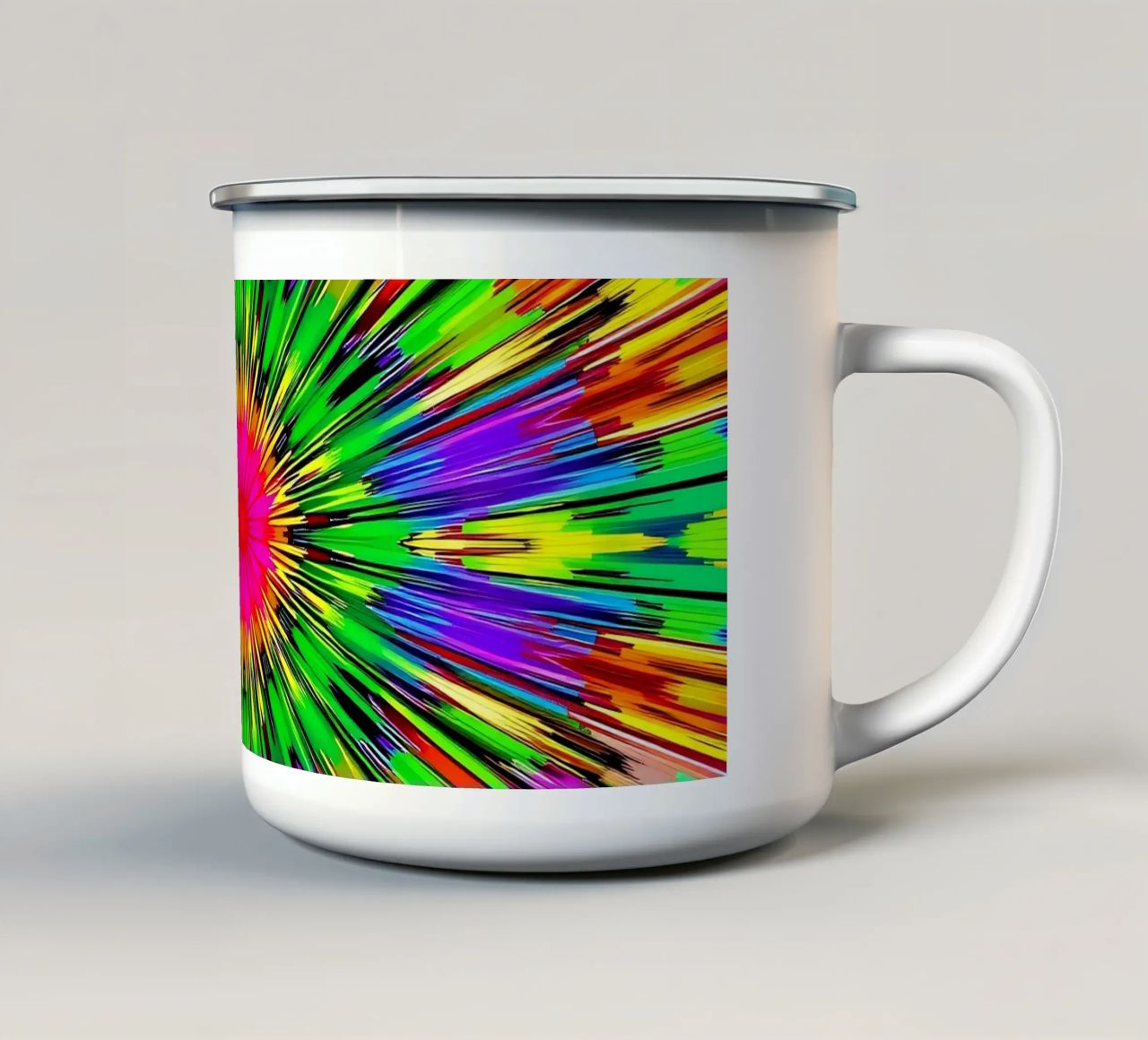 Vibrant abstract design with colorful radial burst pattern enamel mug by DesignDoodle