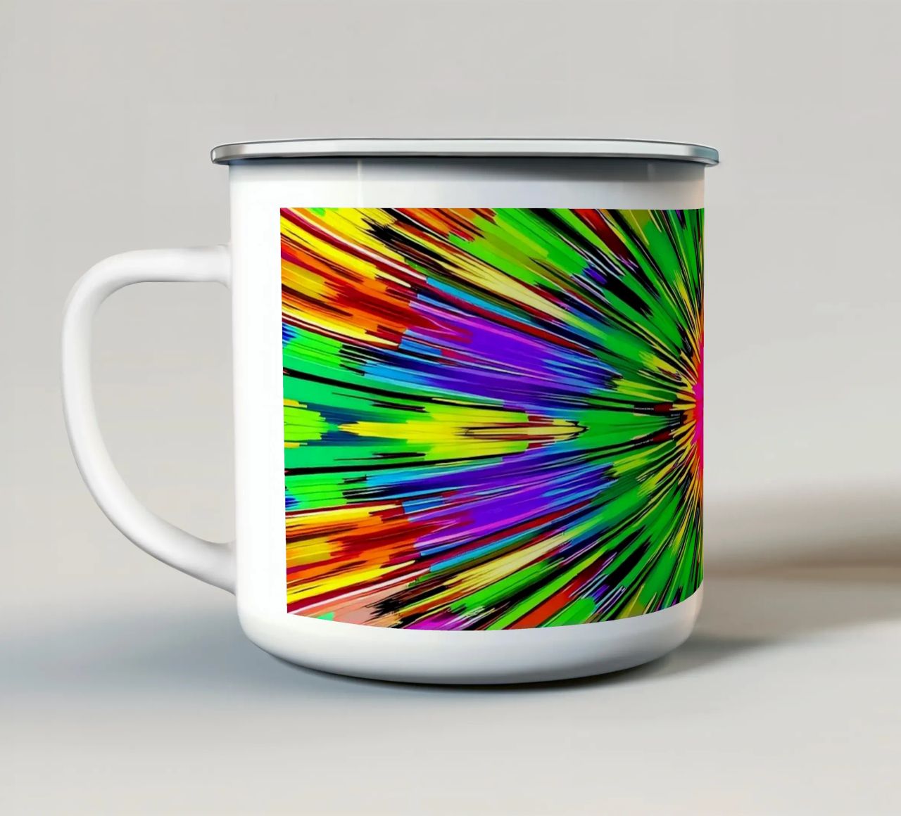 Vibrant abstract design with colorful radial burst pattern enamel mug by DesignDoodle