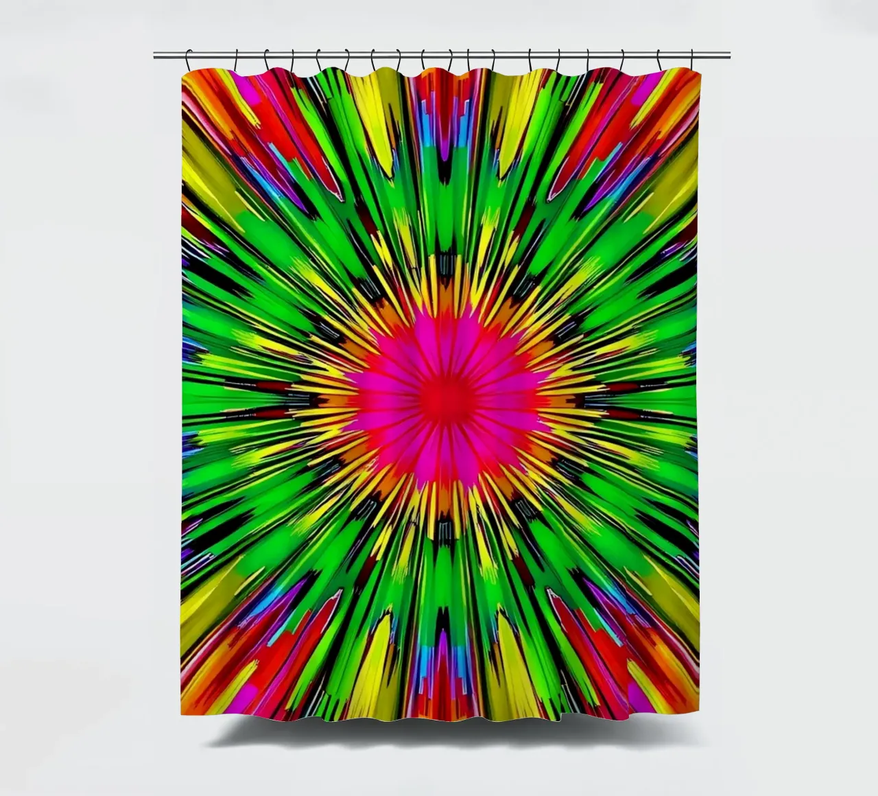 Vibrant abstract design with colorful radial burst pattern shower curtain by DesignDoodle