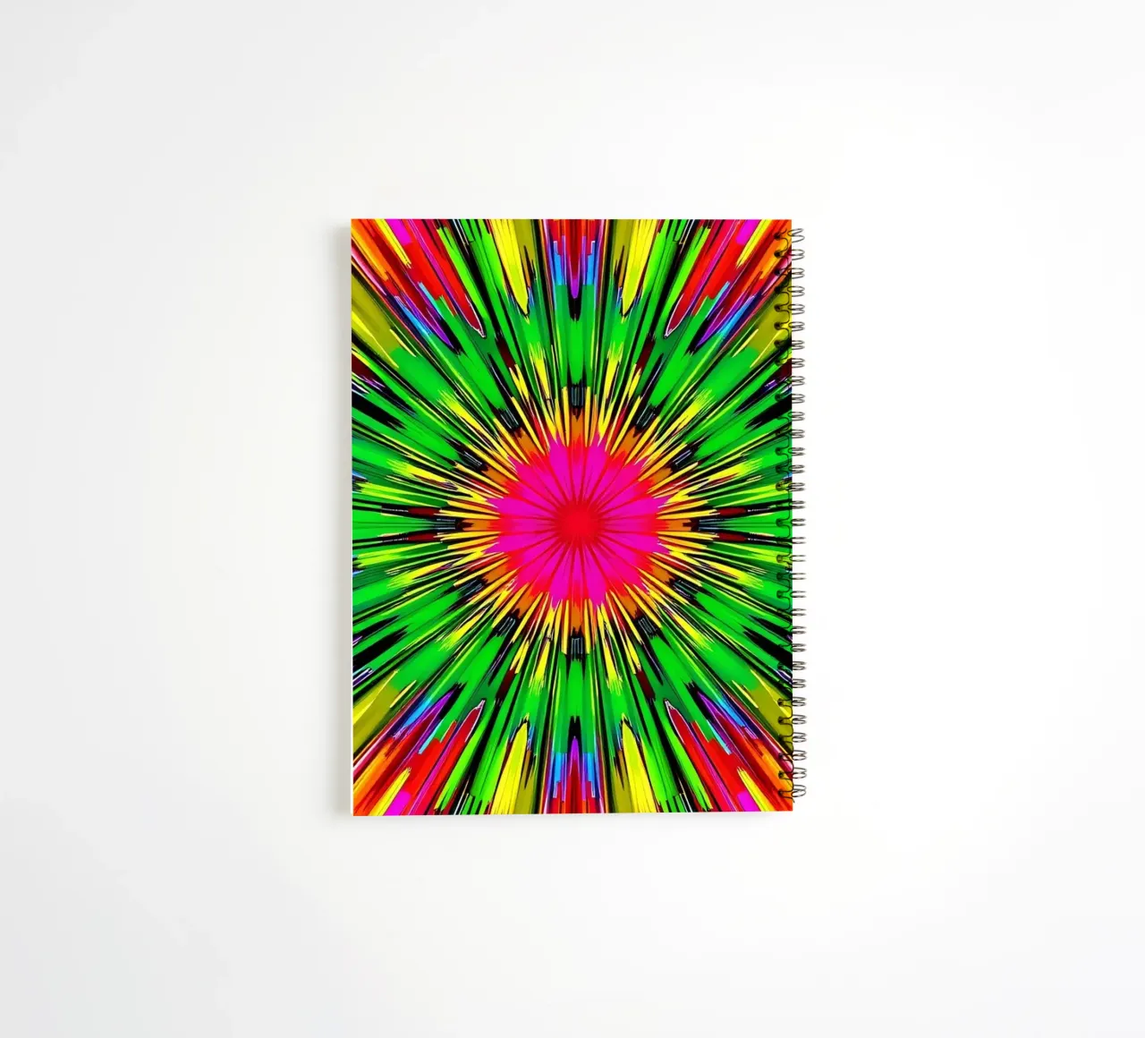 Dessin abstrait vibrant avec un motif radial éclatant de couleurs carnet à spirale de DesignDoodle