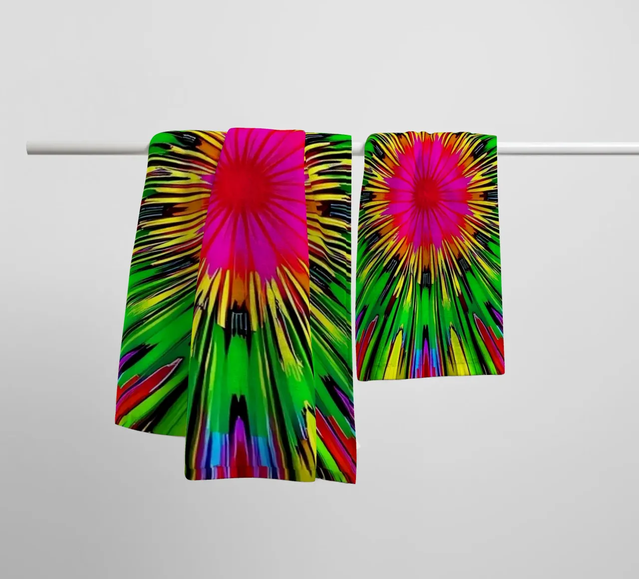 Vibrant abstract design with colorful radial burst pattern towel by DesignDoodle