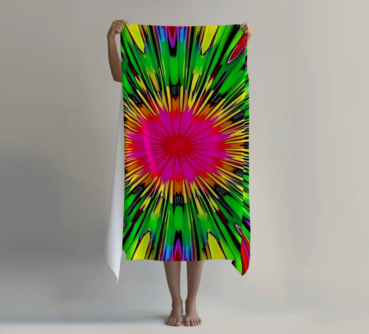 Vibrant abstract design with colorful radial burst pattern beach towel by DesignDoodle