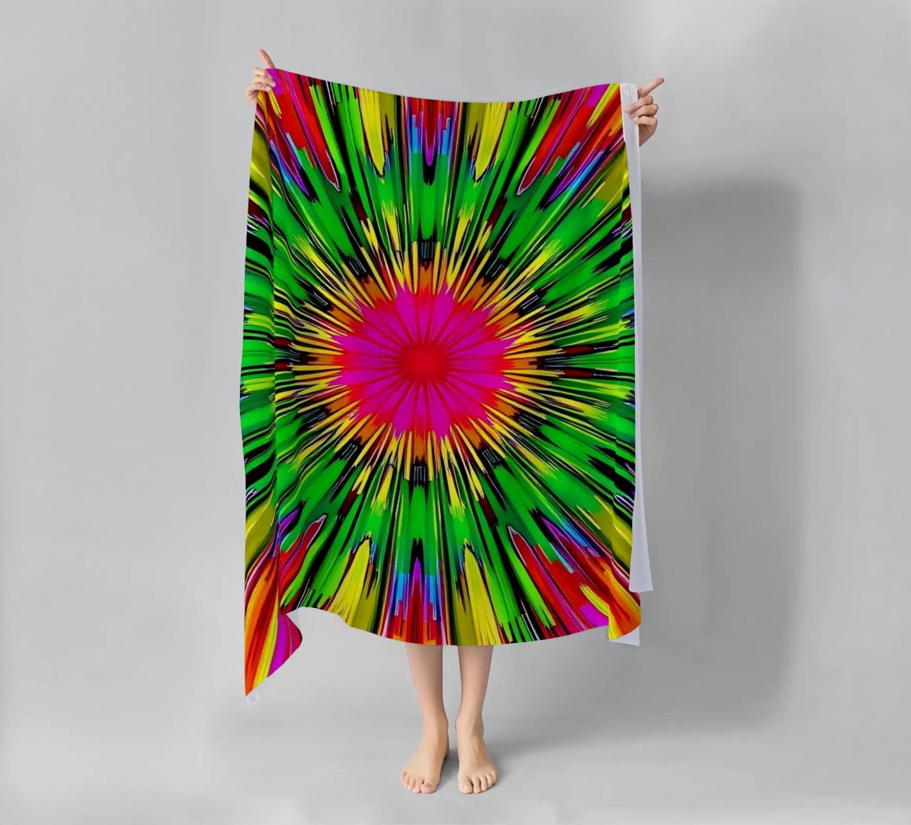 Vibrant abstract design with colorful radial burst pattern beach towel by DesignDoodle