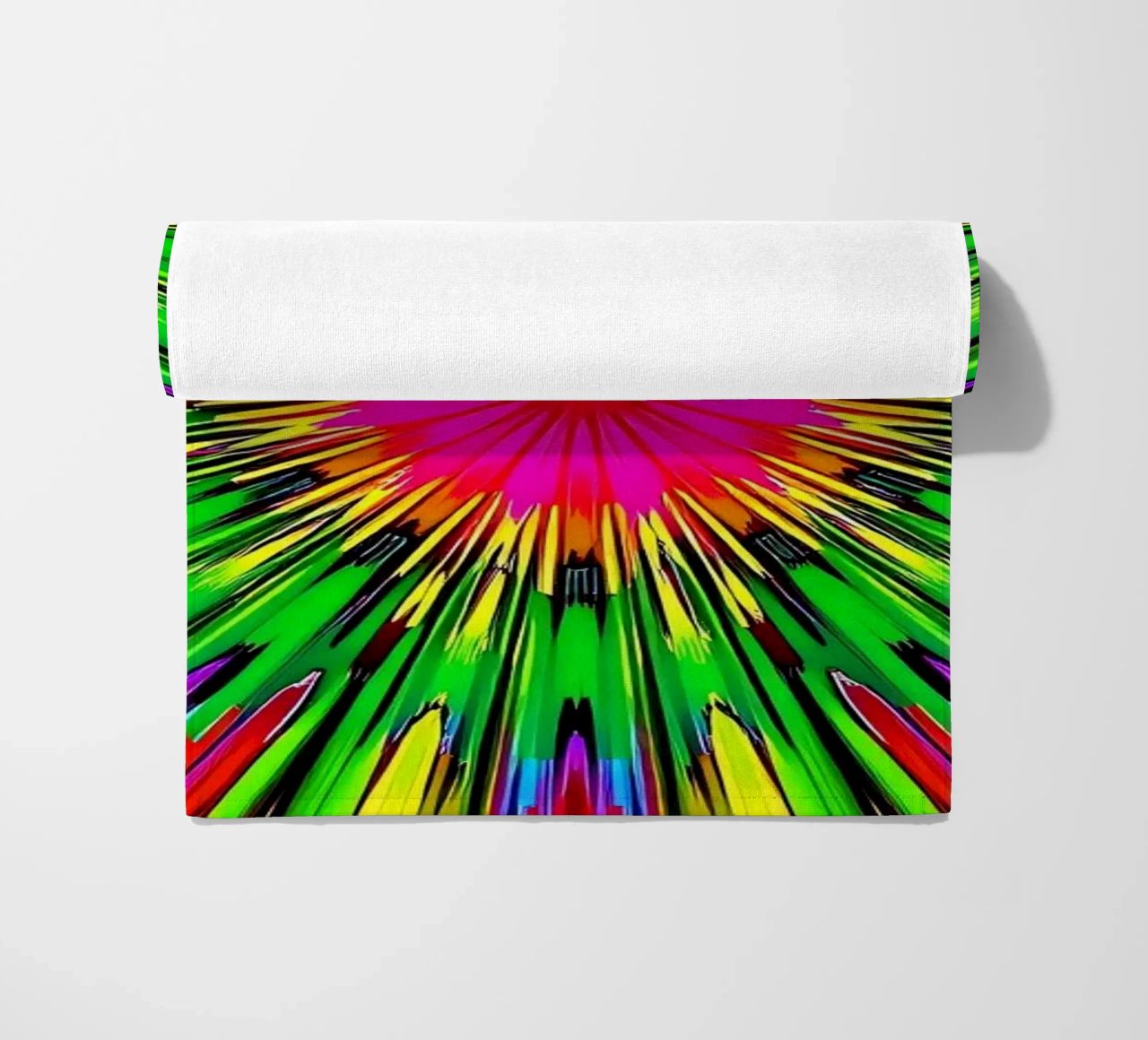 Vibrant abstract design with colorful radial burst pattern beach towel by DesignDoodle