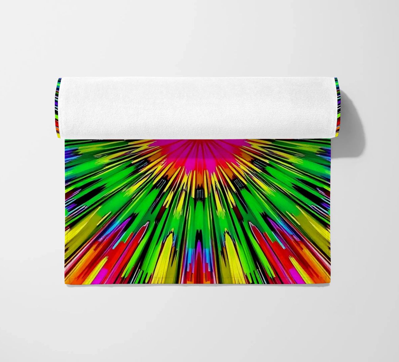 Vibrant abstract design with colorful radial burst pattern beach towel by DesignDoodle