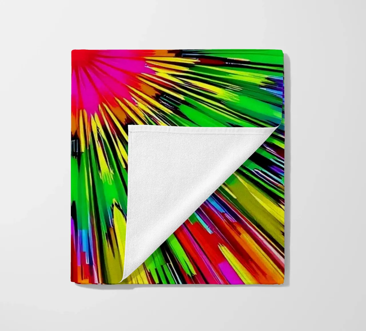 Vibrant abstract design with colorful radial burst pattern beach towel by DesignDoodle