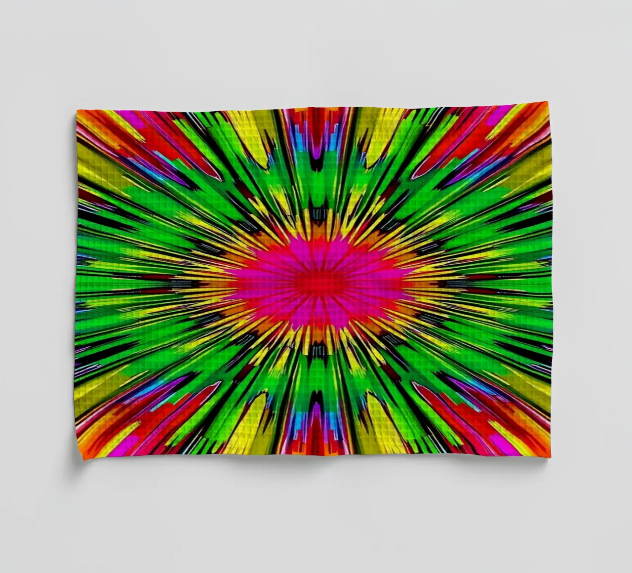 Vibrant abstract design with colorful radial burst pattern tea towel by DesignDoodle