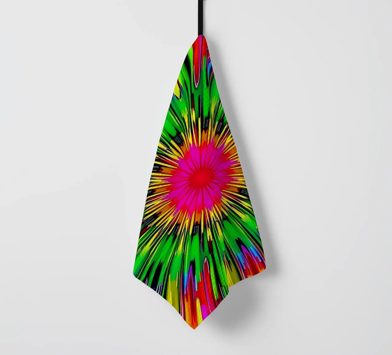 Vibrant abstract design with colorful radial burst pattern tea towel by DesignDoodle