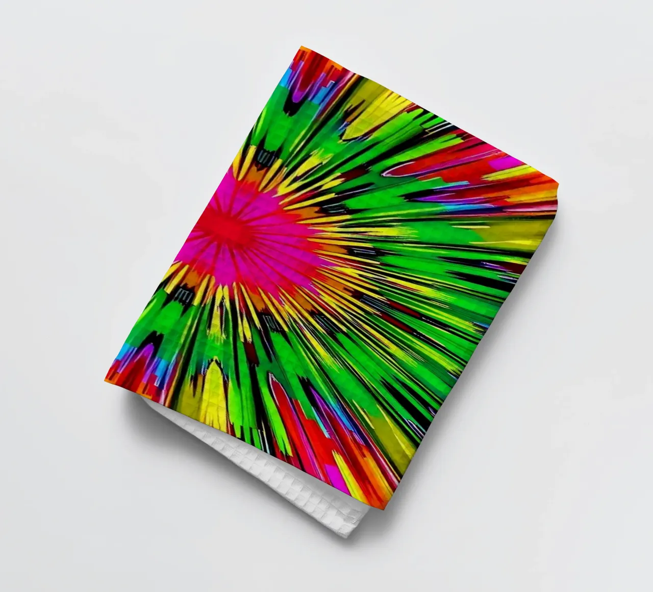 Vibrant abstract design with colorful radial burst pattern tea towel by DesignDoodle