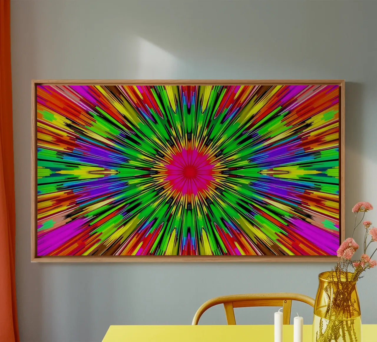 Levendig abstract ontwerp met kleurrijk radiaal uitbarstingspatroon canvas met Baklijst van DesignDoodle