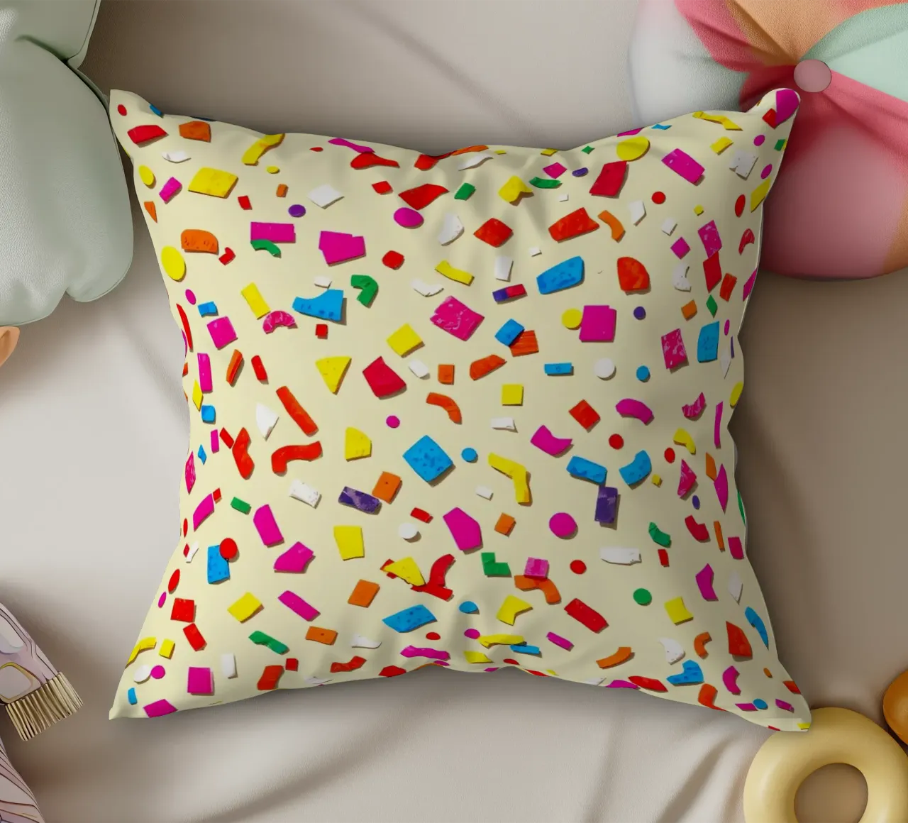 Design astratto e colorato con forme vivaci su una superficie leggera. cuscino da DesignDoodle