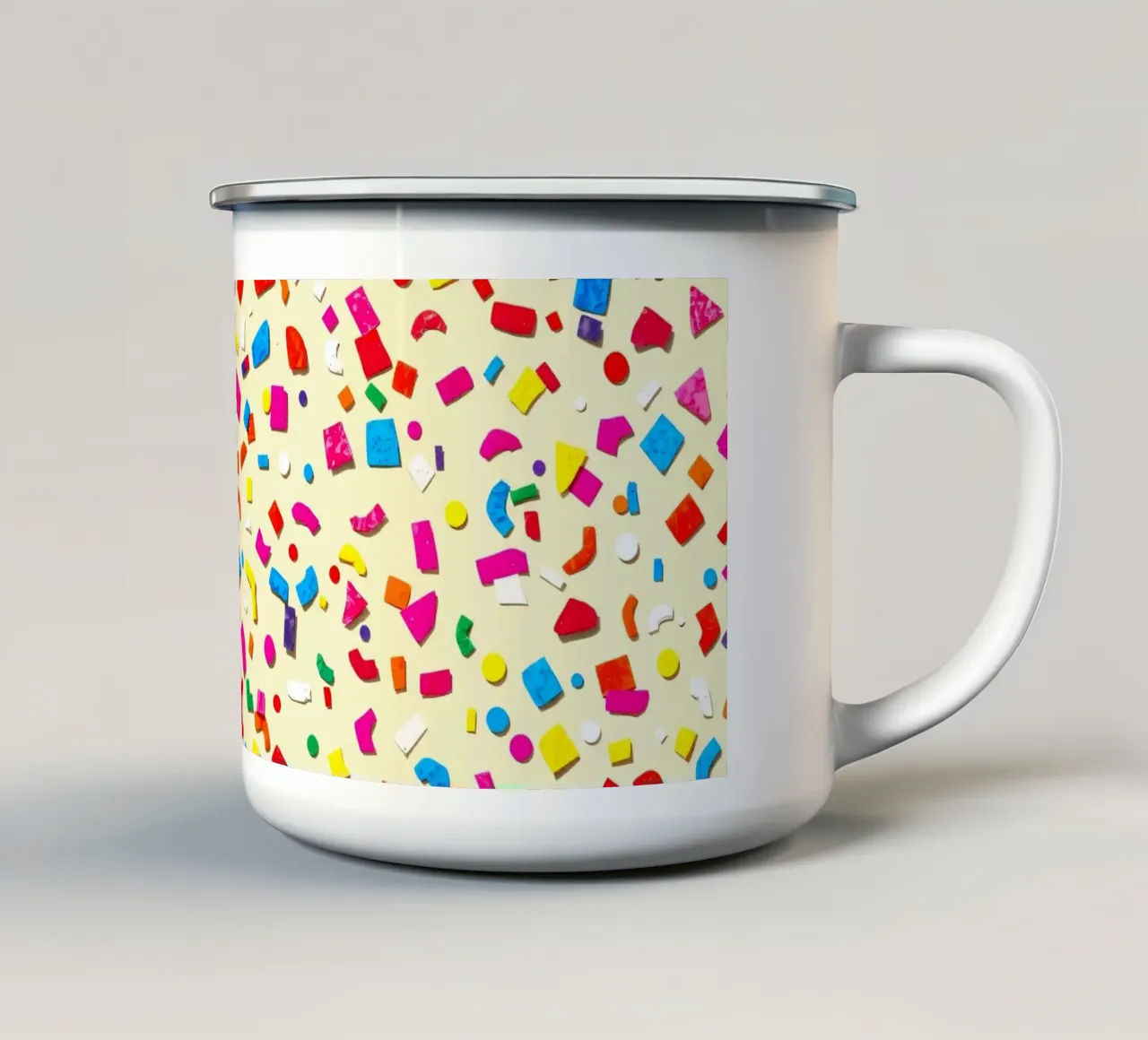 Design astratto e colorato con forme vivaci su una superficie leggera. tazza in smalto da DesignDoodle