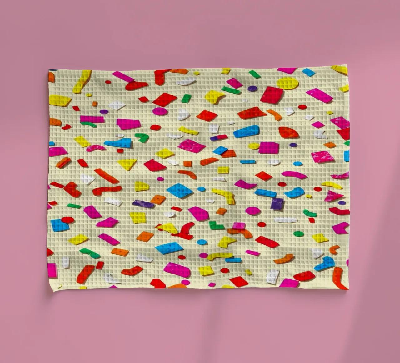 Motif abstrait coloré représentant des formes vibrantes sur un fond clair. torchon de DesignDoodle