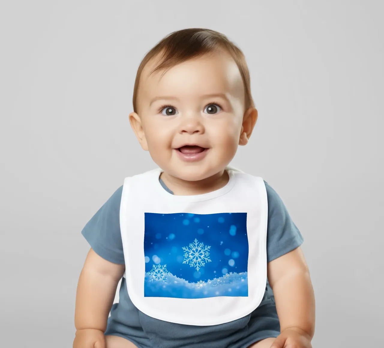 sfondo invernale con fiocchi di neve e un disegno blu. bavaglino da DesignDoodle