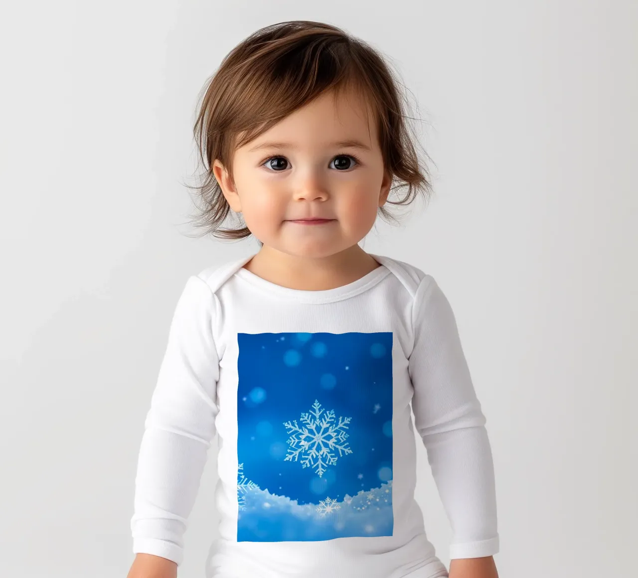 winter background design featuring snowflakes with a blue long-sleeve baby romper by DesignDoodle