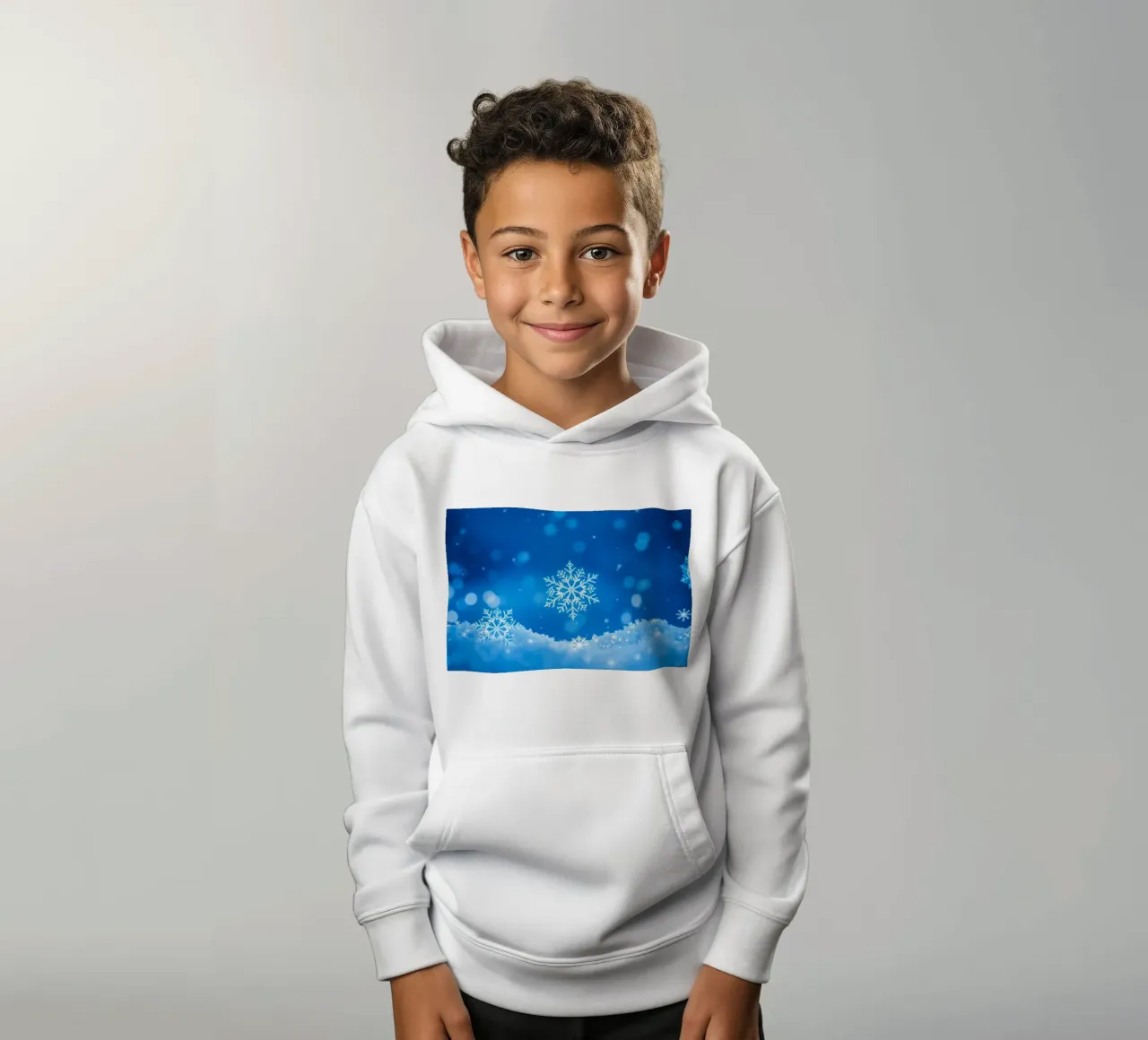 winter background design featuring snowflakes with a blue kids hoodie by DesignDoodle