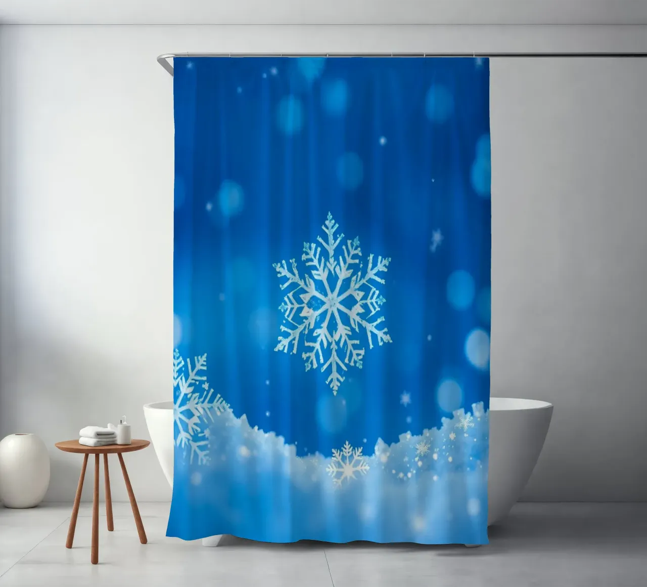 winter background design featuring snowflakes with a blue shower curtain by DesignDoodle