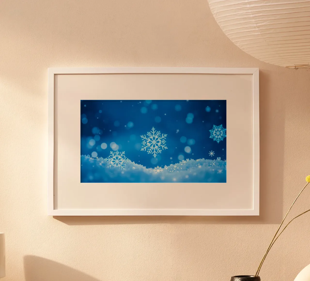 sfondo invernale con fiocchi di neve e un disegno blu. carta hahnemühle da DesignDoodle
