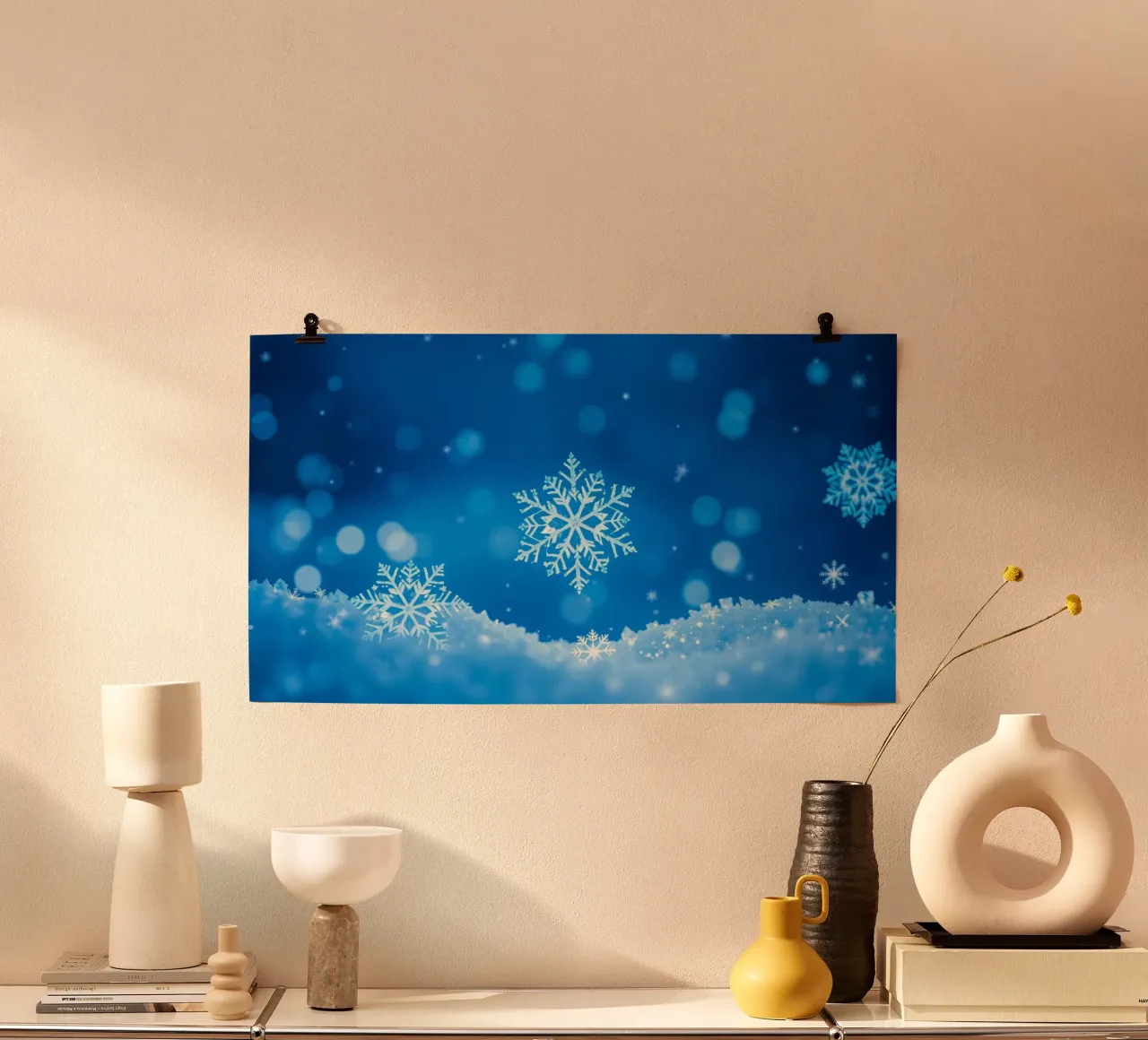 sfondo invernale con fiocchi di neve e un disegno blu. carta hahnemühle da DesignDoodle