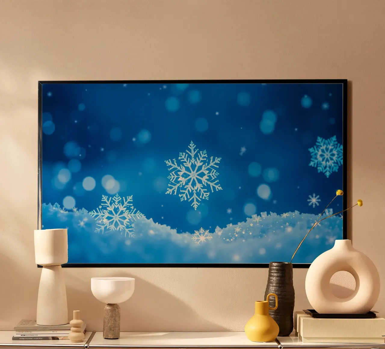 sfondo invernale con fiocchi di neve e un disegno blu. carta hahnemühle da DesignDoodle