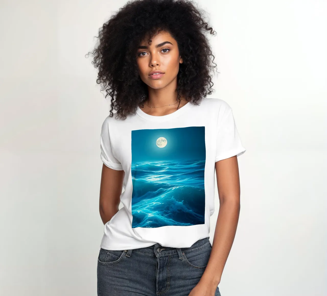 l'océan au clair de lune reflétant des vagues bleues sereines sous une nuit t-shirt ajusté pour femmes de DesignDoodle