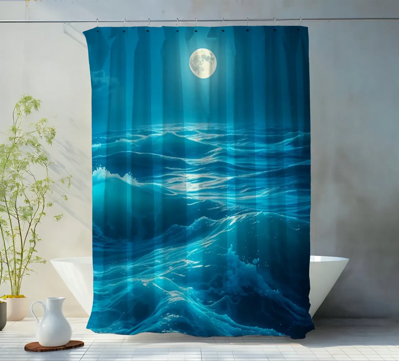 moonlit ocean reflecting serene blue waves under a night shower curtain by DesignDoodle