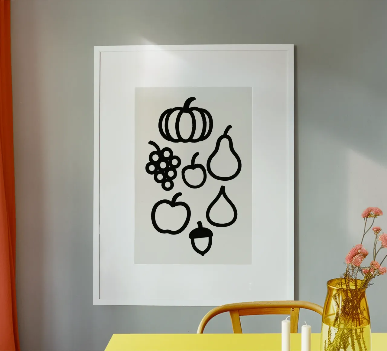 Frutti d'autunno dipinti a pennello in bianco e nero poster con telaio in alluminio da Katja Stehle Design