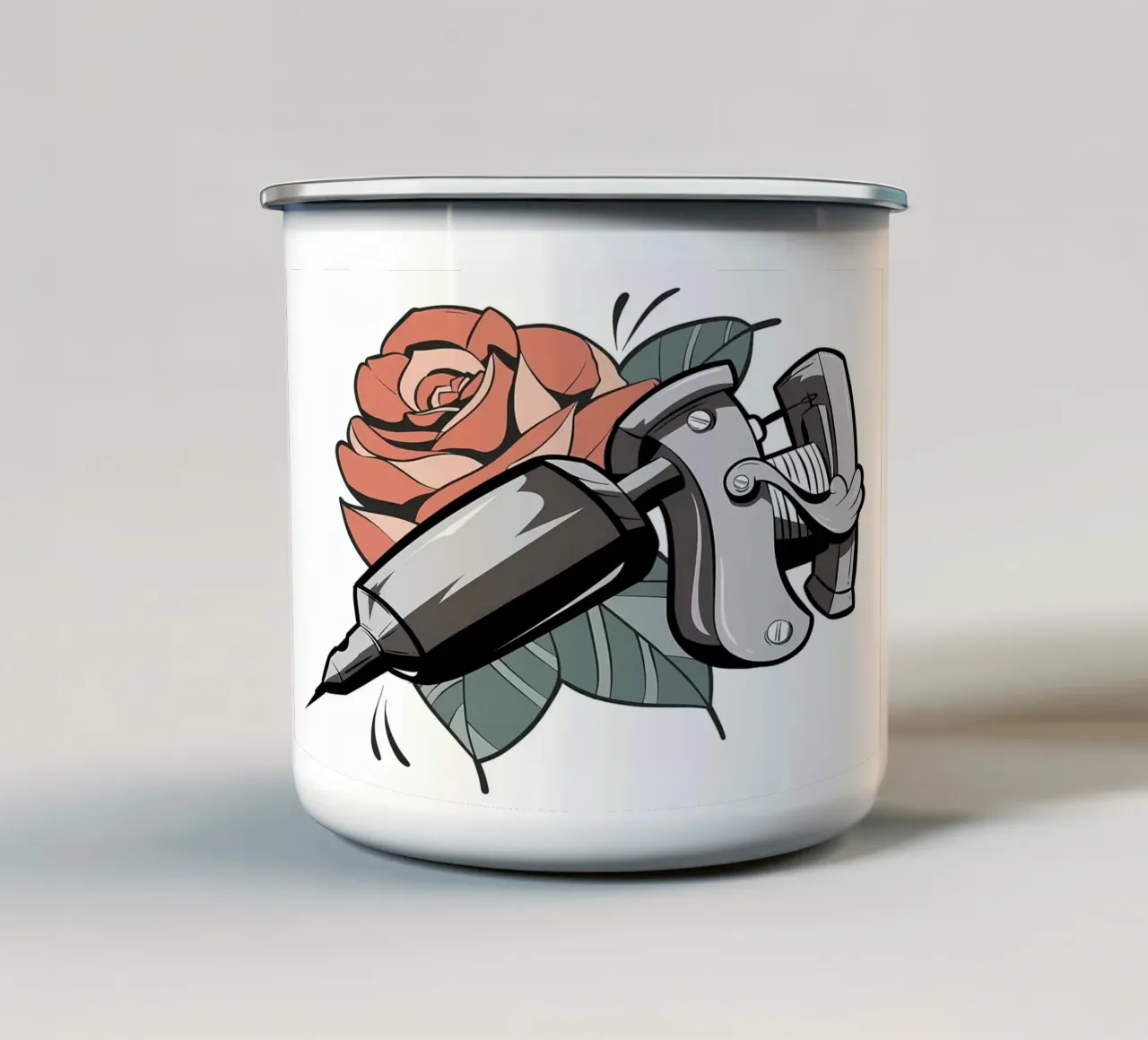 Pistola per tatuaggi e fiore di rosa tazza in smalto da diedrich