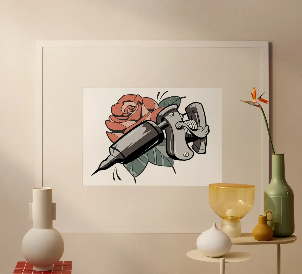 Pistola per tatuaggi e fiore di rosa poster con telaio in plastica da diedrich