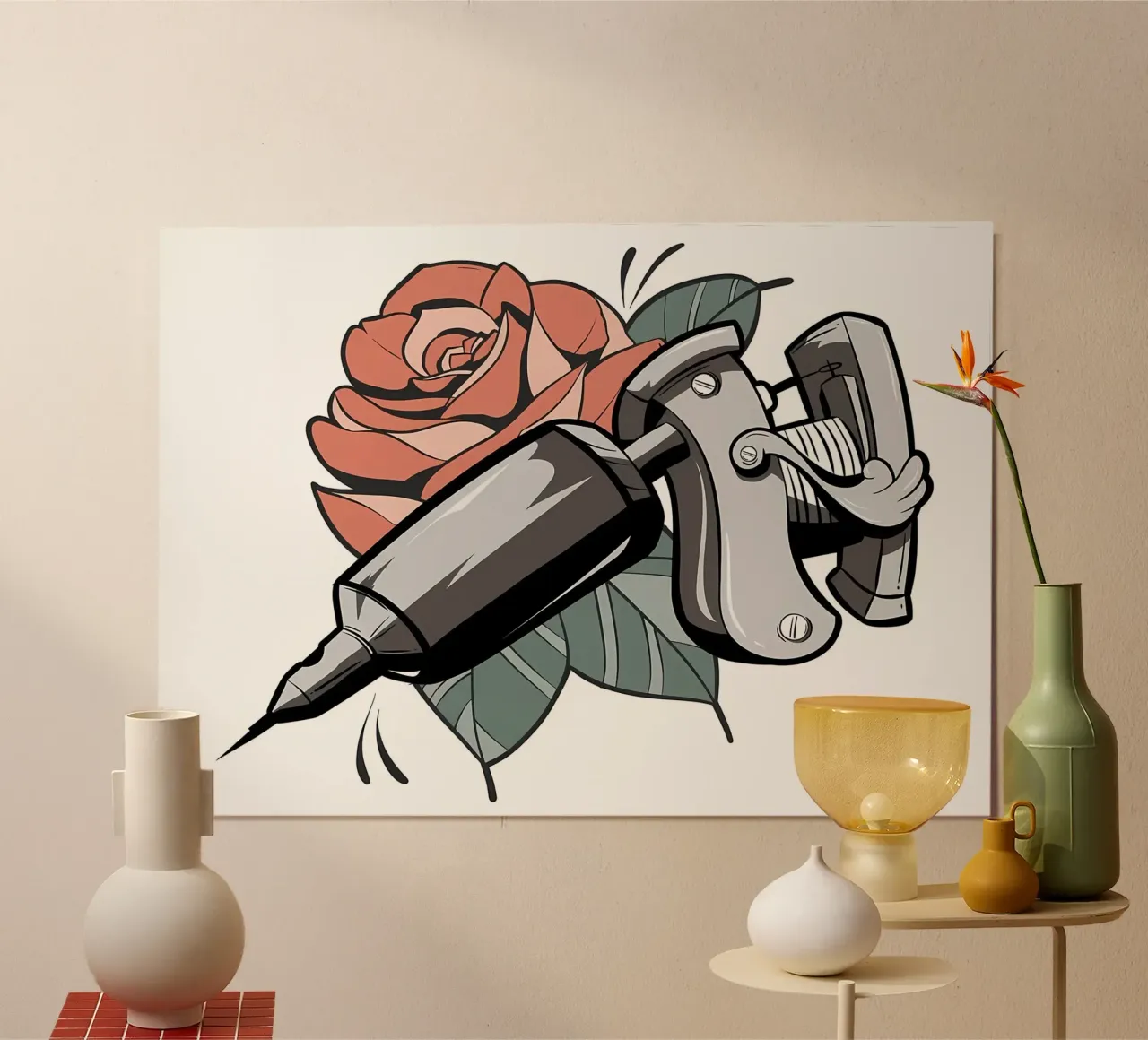 Pistola per tatuaggi e fiore di rosa poster con telaio in plastica da diedrich