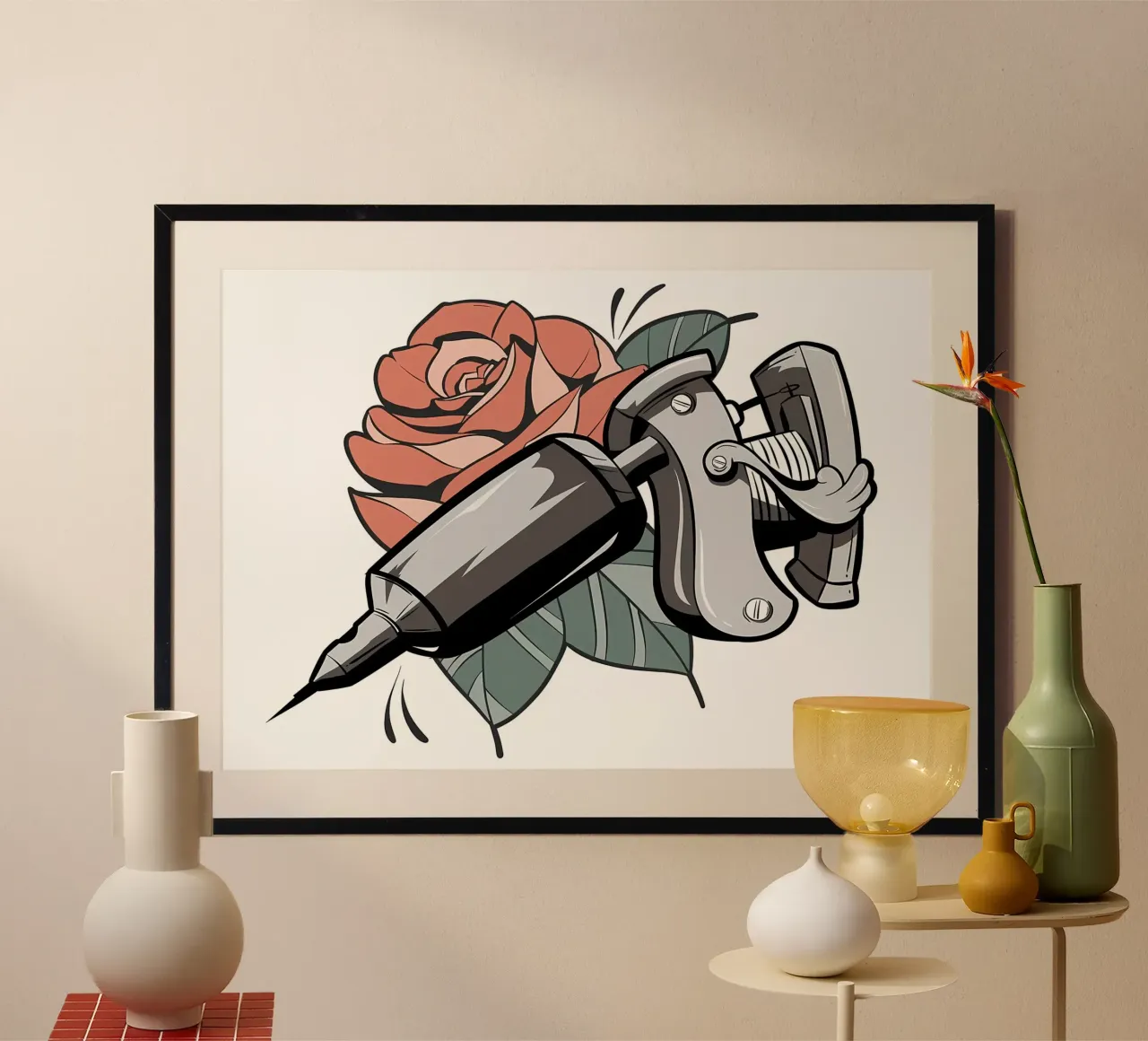 Pistola per tatuaggi e fiore di rosa poster con telaio in plastica da diedrich
